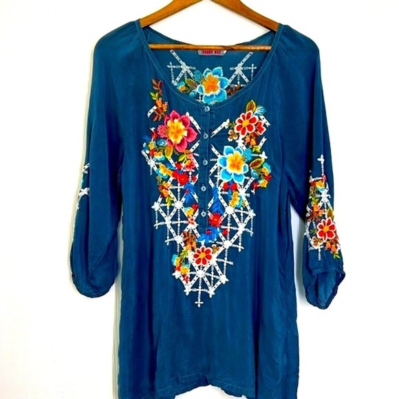 Johnny Was - Blue Embroidered Floral Boho Pullover Long Sleeve Blouse Size Sm - Picture 8 of 14